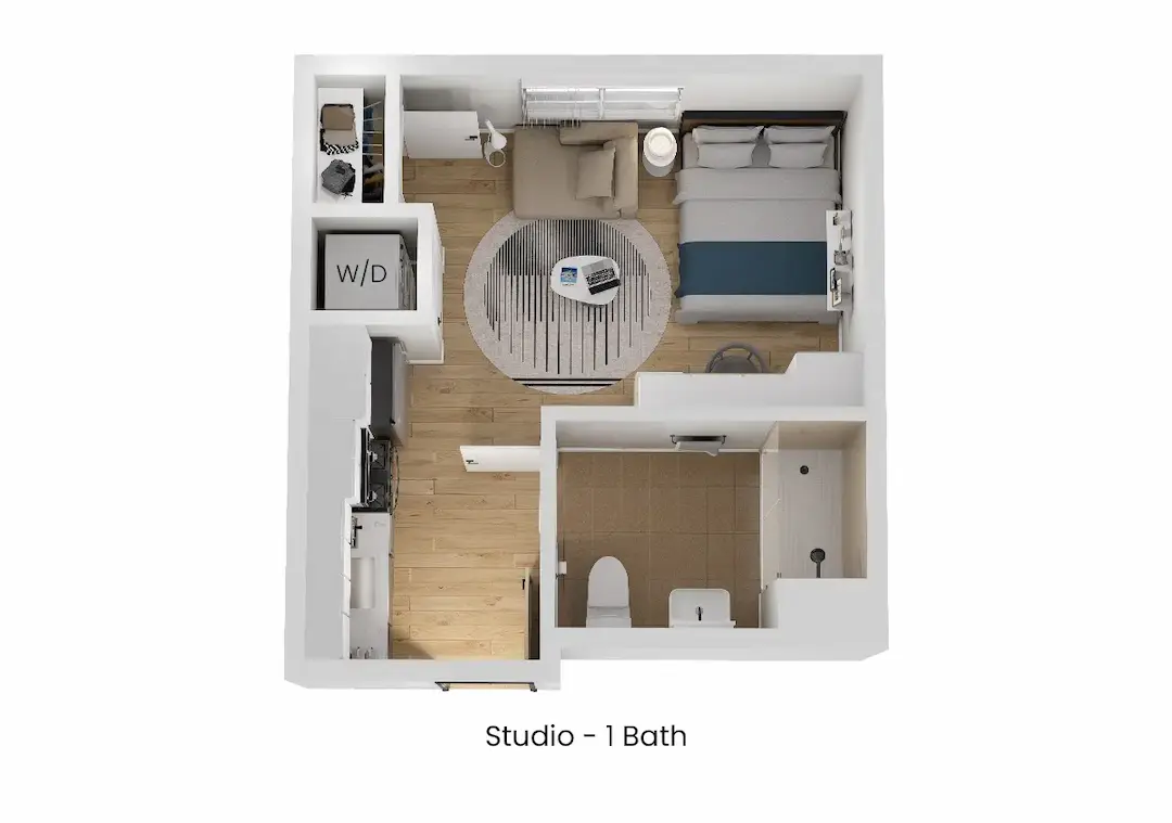 3D floor plan of undefined, a 0 bed, 1 bath apartment