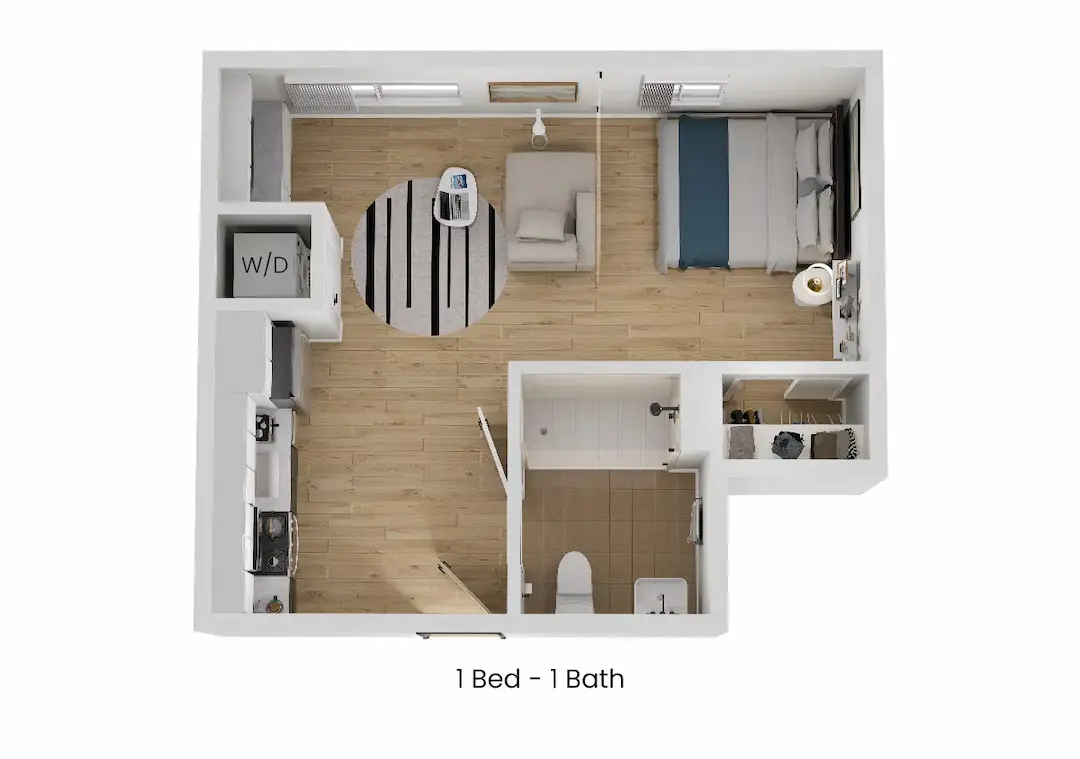 3D floor plan of undefined, a 1 bed, 1 bath apartment