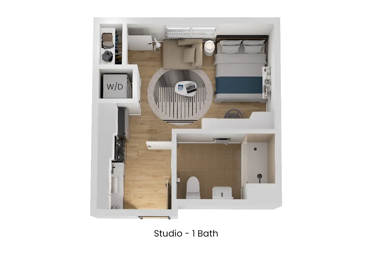 3D floor plan of Studio - Private, a 0 bed, 1 bath apartment
