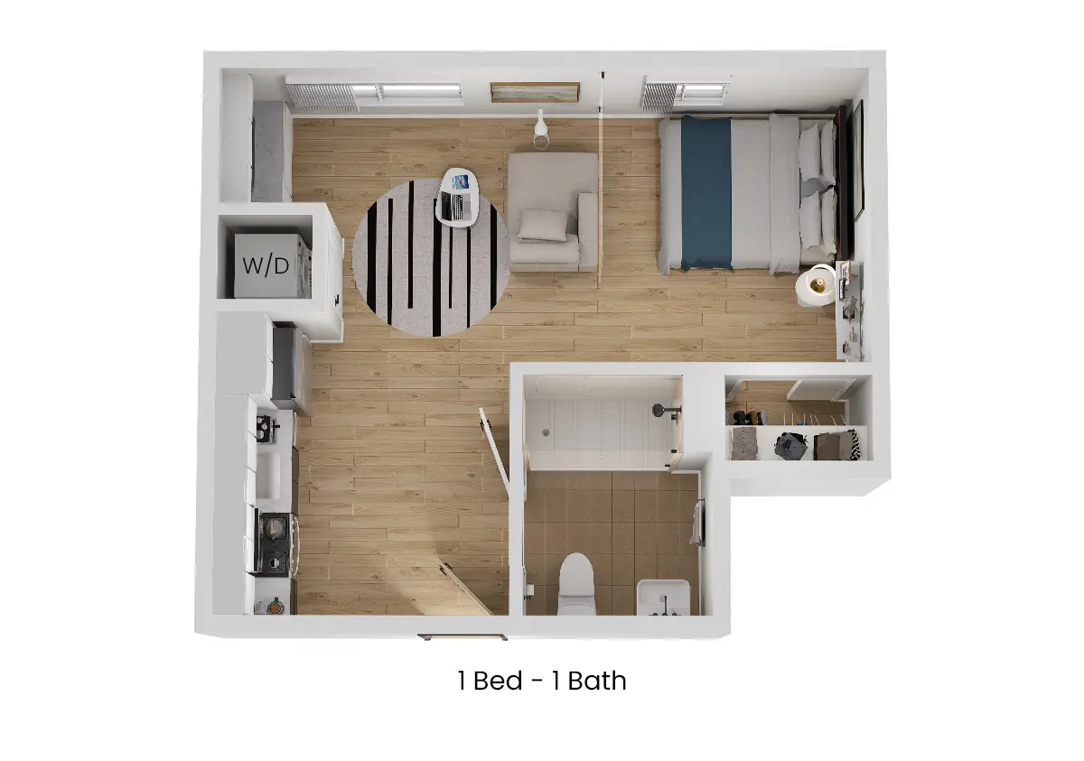 3D floor plan of 1 Bedroom - Private, a 1 bed, 1 bath apartment